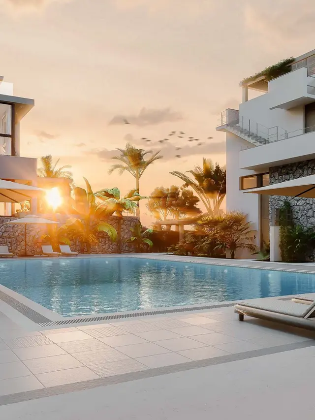 Poolterrasse bei Sonnenuntergang