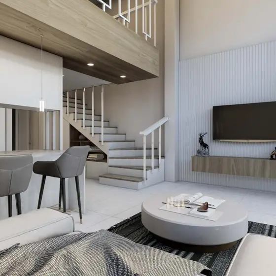 Wohnzimmer und Treppe